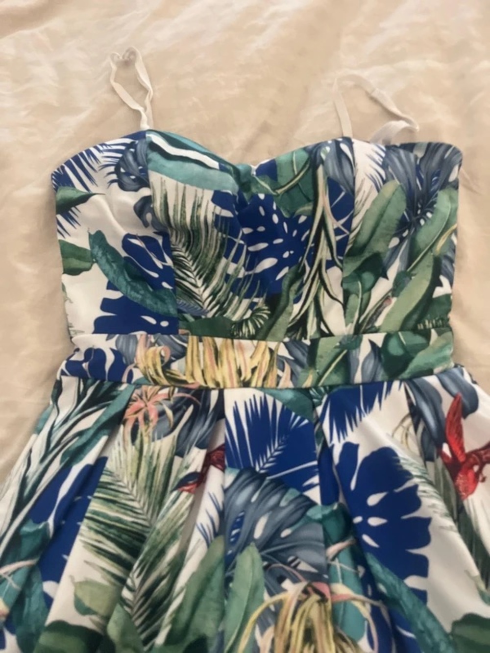 Tropical Print Strapless Kids Dress in Green and Blue - Picture 2 of 7
